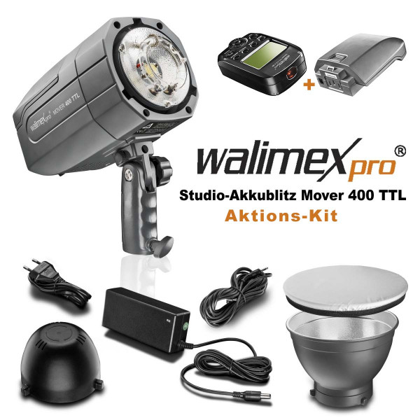 walimex pro Studio-Akkublitz Mover 400 TTL Kit für Nikon + Funklauslöser + 2. Akku
